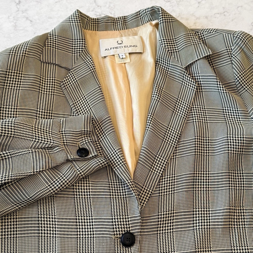 VTG Alfred Sung Silk Blazer Cream Black Glen Plaid Houndstooth Shoulder Pads • 6